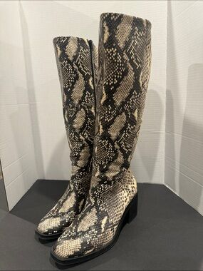 Women's Crown Vintage Knee-High Snake Print Boots in Black and Cream